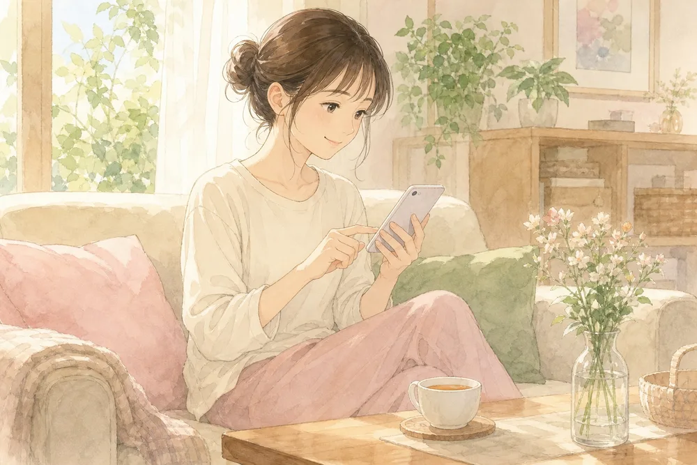 ソファでスマートフォンから登録フォームを入力している看護師