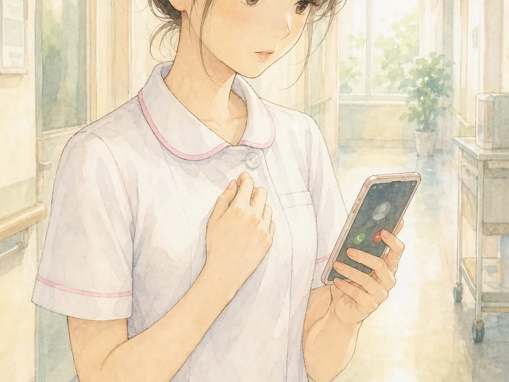 着信の画面を見て少しためらっている看護師