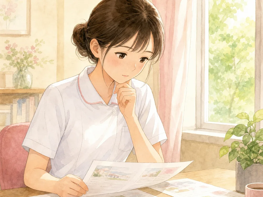 机に広げた求人票を見比べている看護師