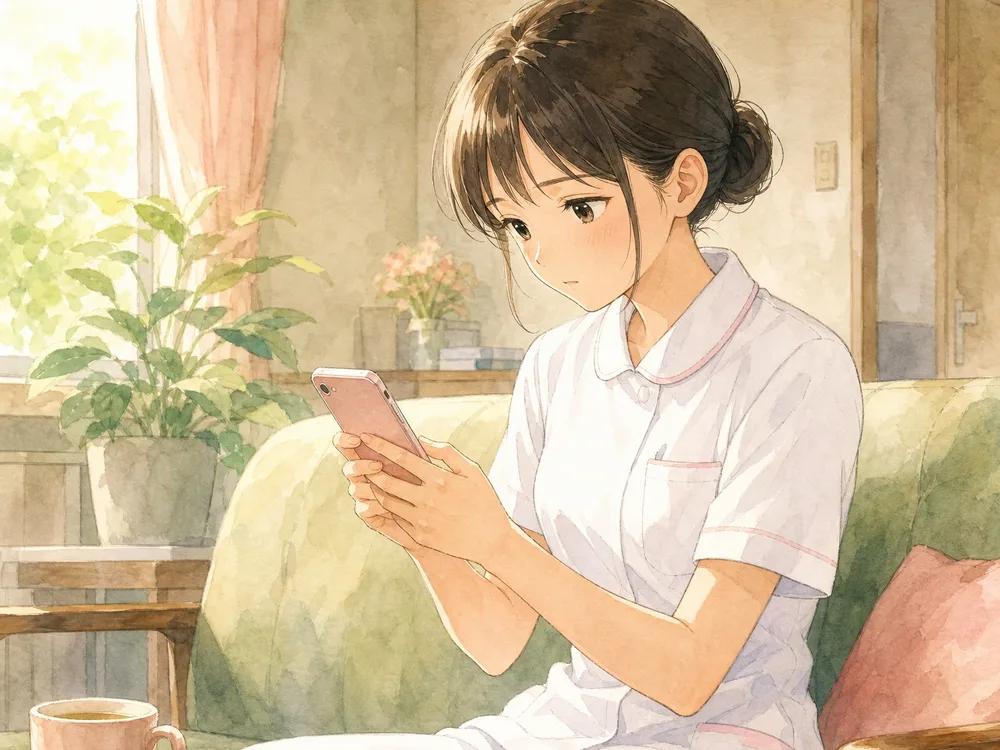 休憩室でスマートフォンの口コミを読んでいる看護師
