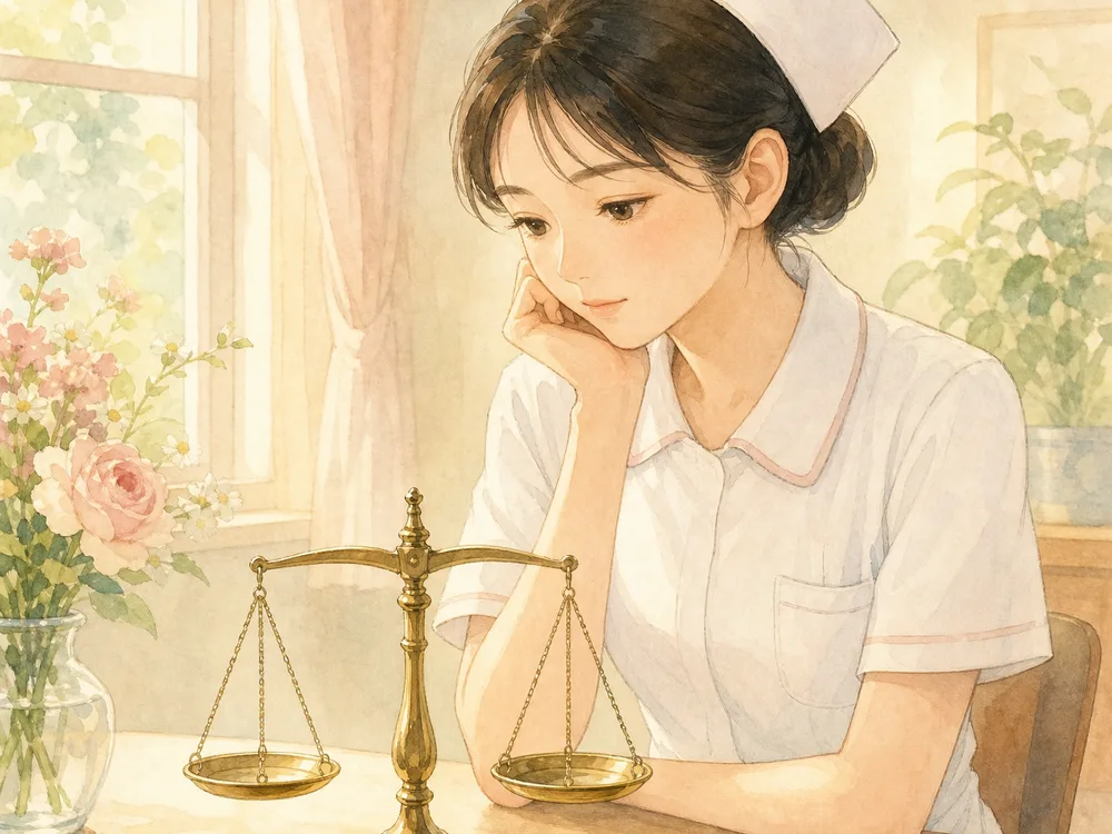 左右が釣り合った天秤を眺めている看護師
