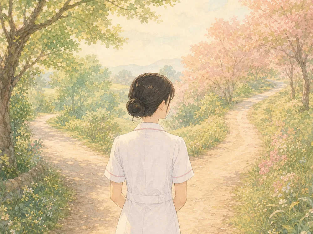 二手に分かれた道の前に立っている看護師
