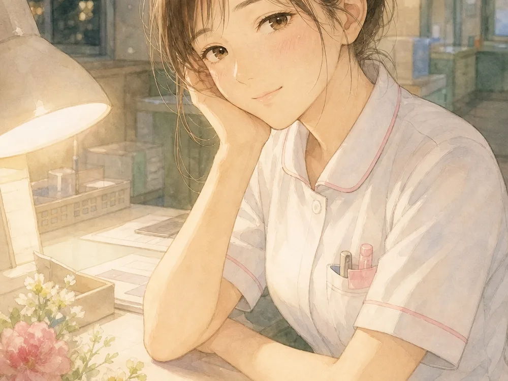 夜のナースステーションで頬づえをついている看護師