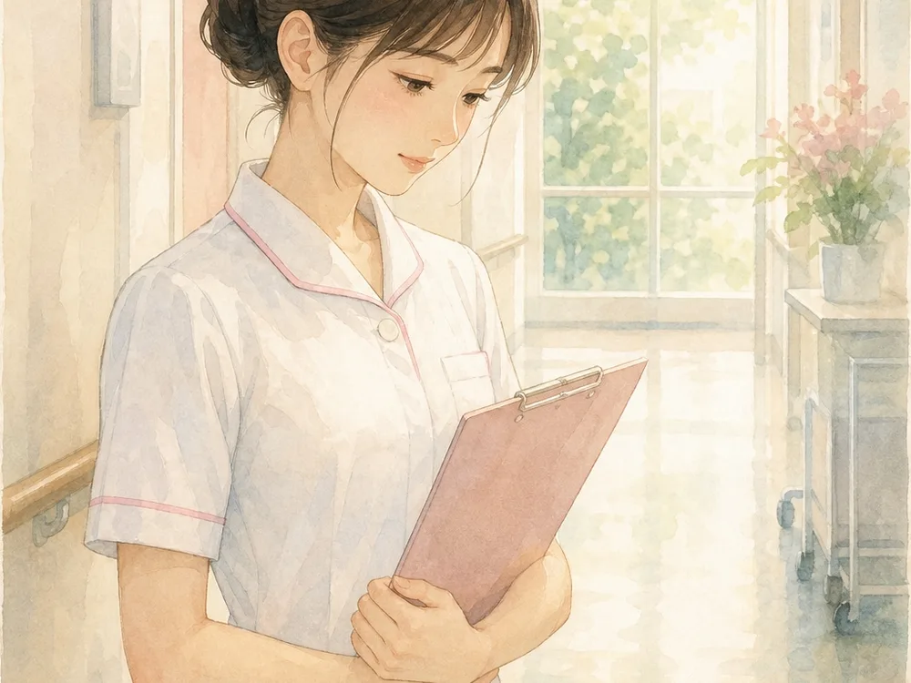静かな廊下でひとり考えている看護師
