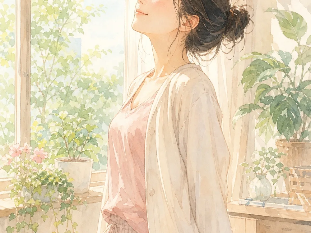 朝の窓辺で静かに深呼吸している看護師