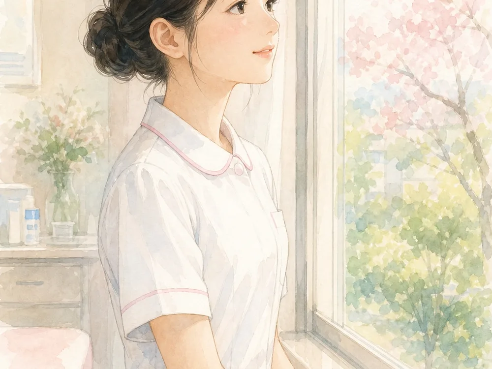 静かなクリニックの窓辺で外を見ている看護師