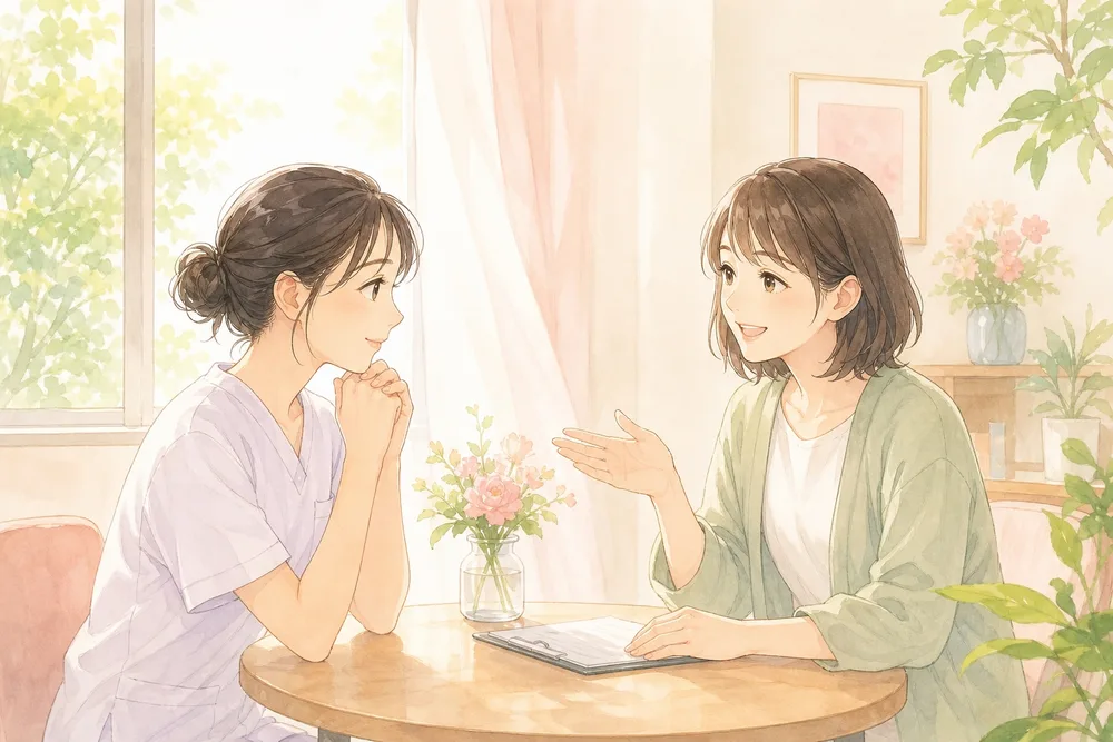 担当者と向かい合って話を聞いてもらっている看護師