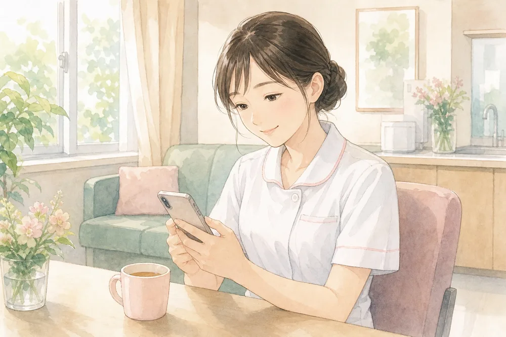 休憩室でスマートフォンから相談している看護師