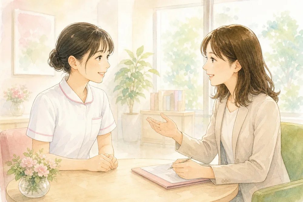 担当者と向かい合って相談している看護師