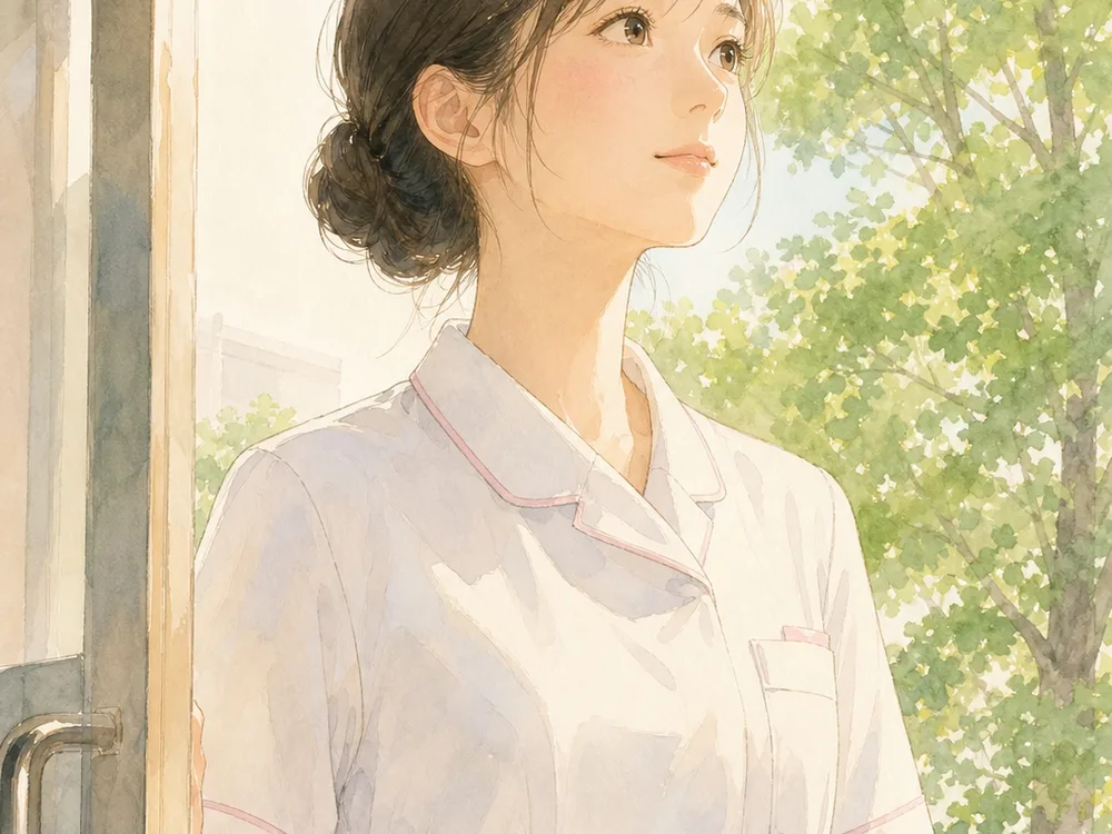 朝の光の中で戸口に立ち、前を見ている看護師
