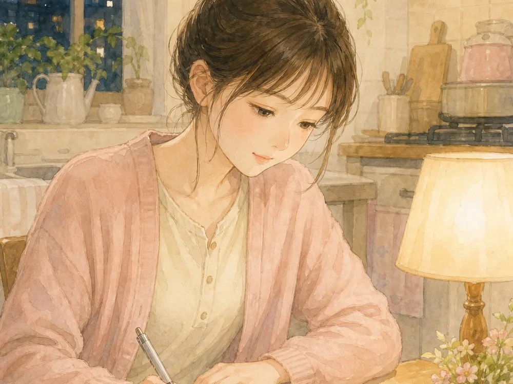 夜のテーブルでノートに書き出している看護師