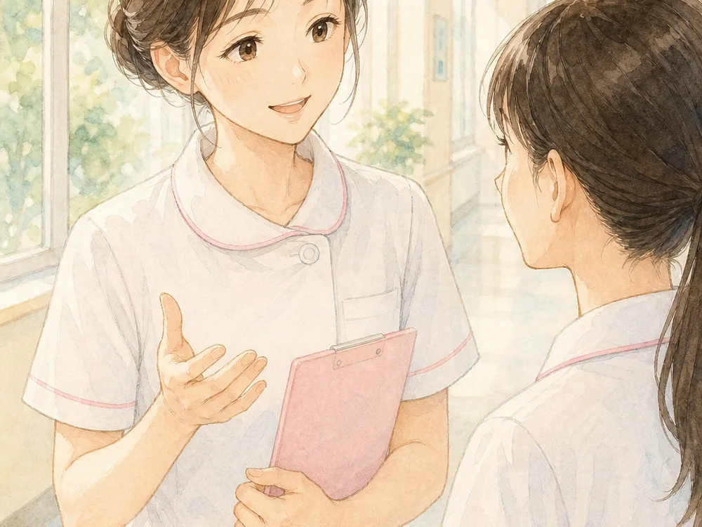 廊下で後輩に説明している3年目の看護師