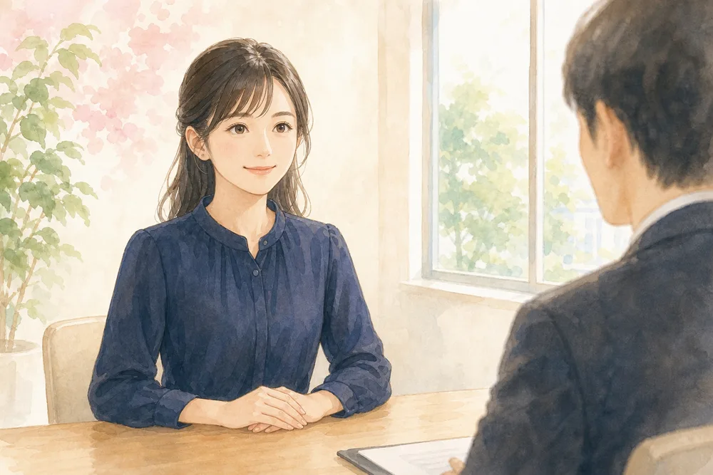 面接の席で落ち着いて話している女性