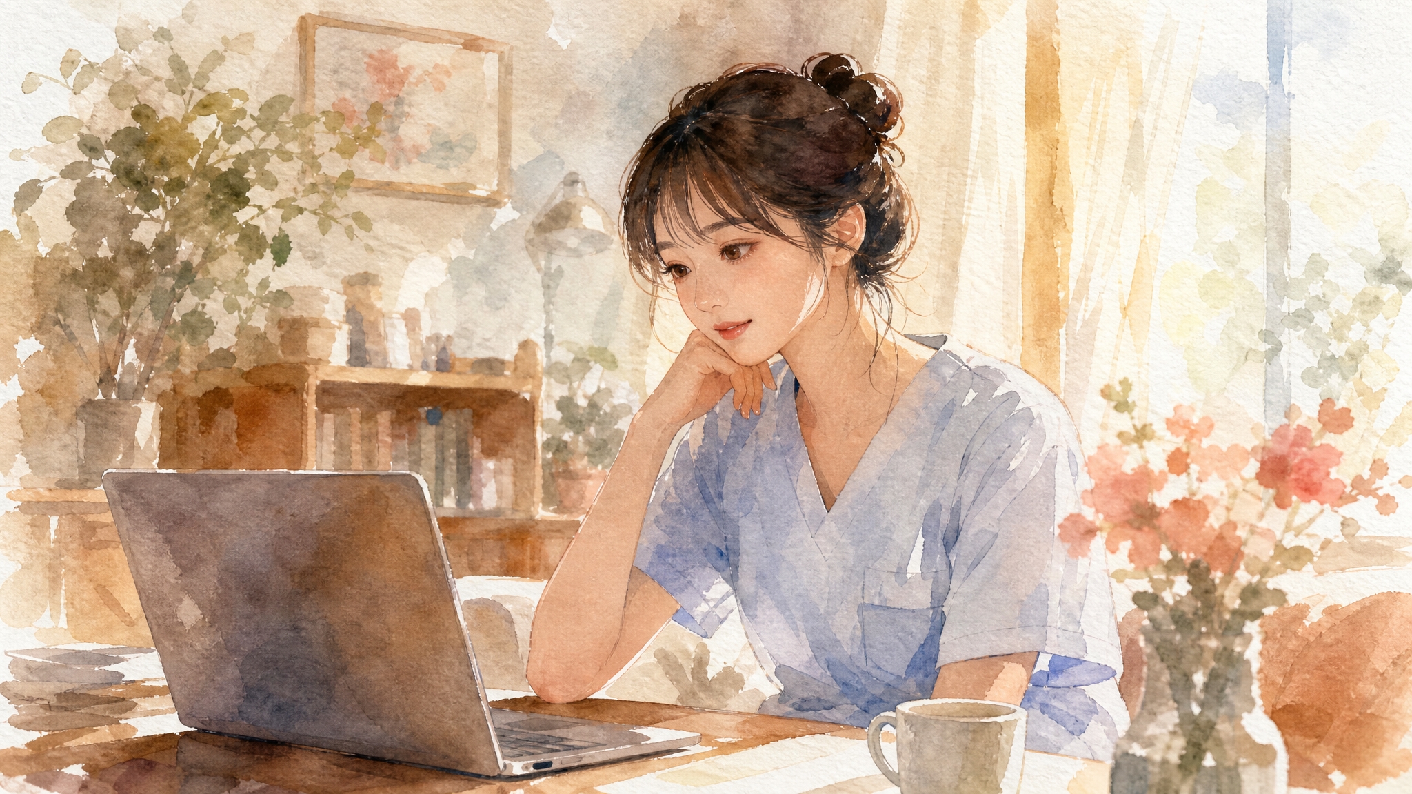 自宅で転職サービスを比べる看護師のイラスト