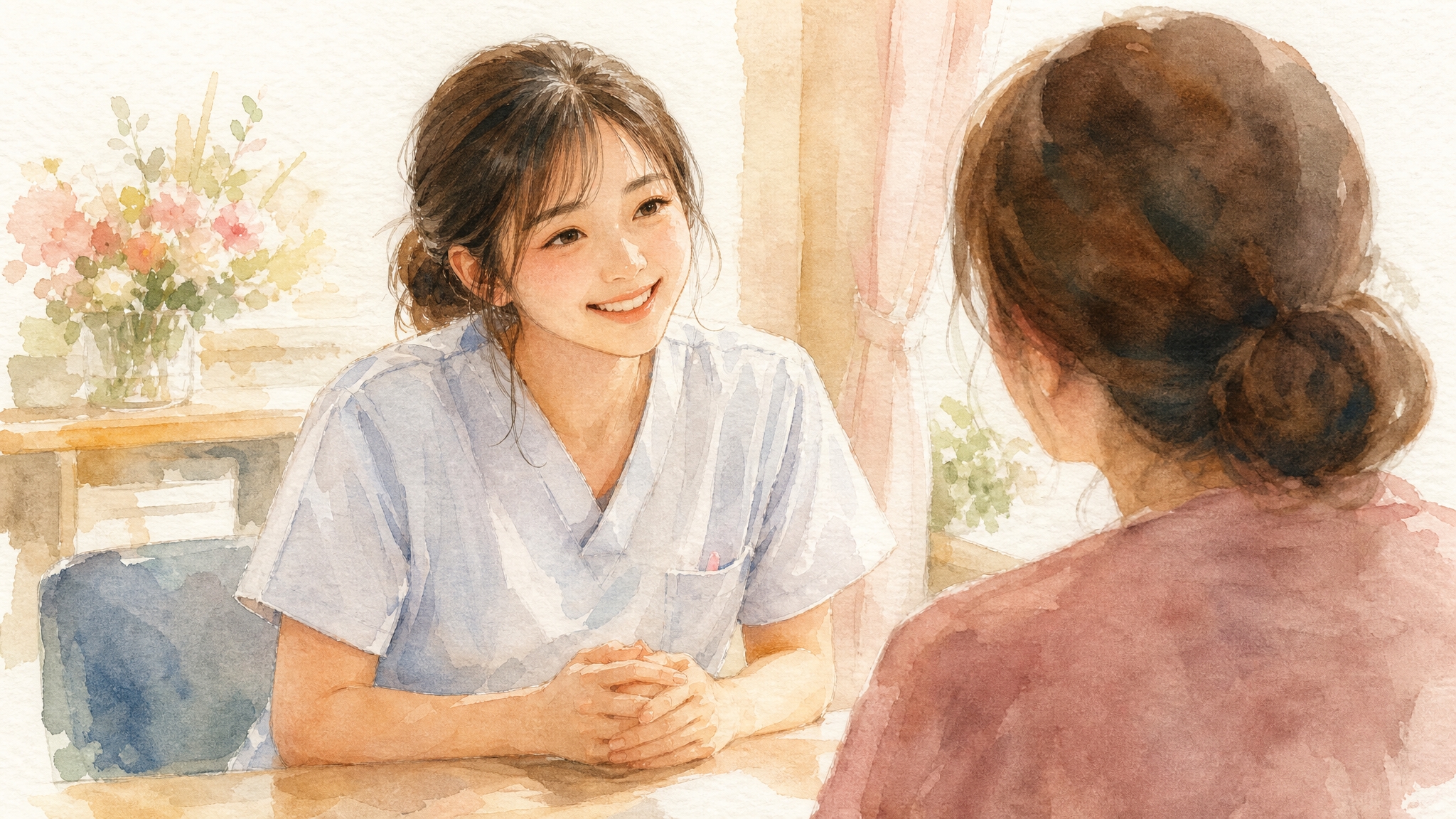 転職サービスの担当者に相談する看護師のイラスト