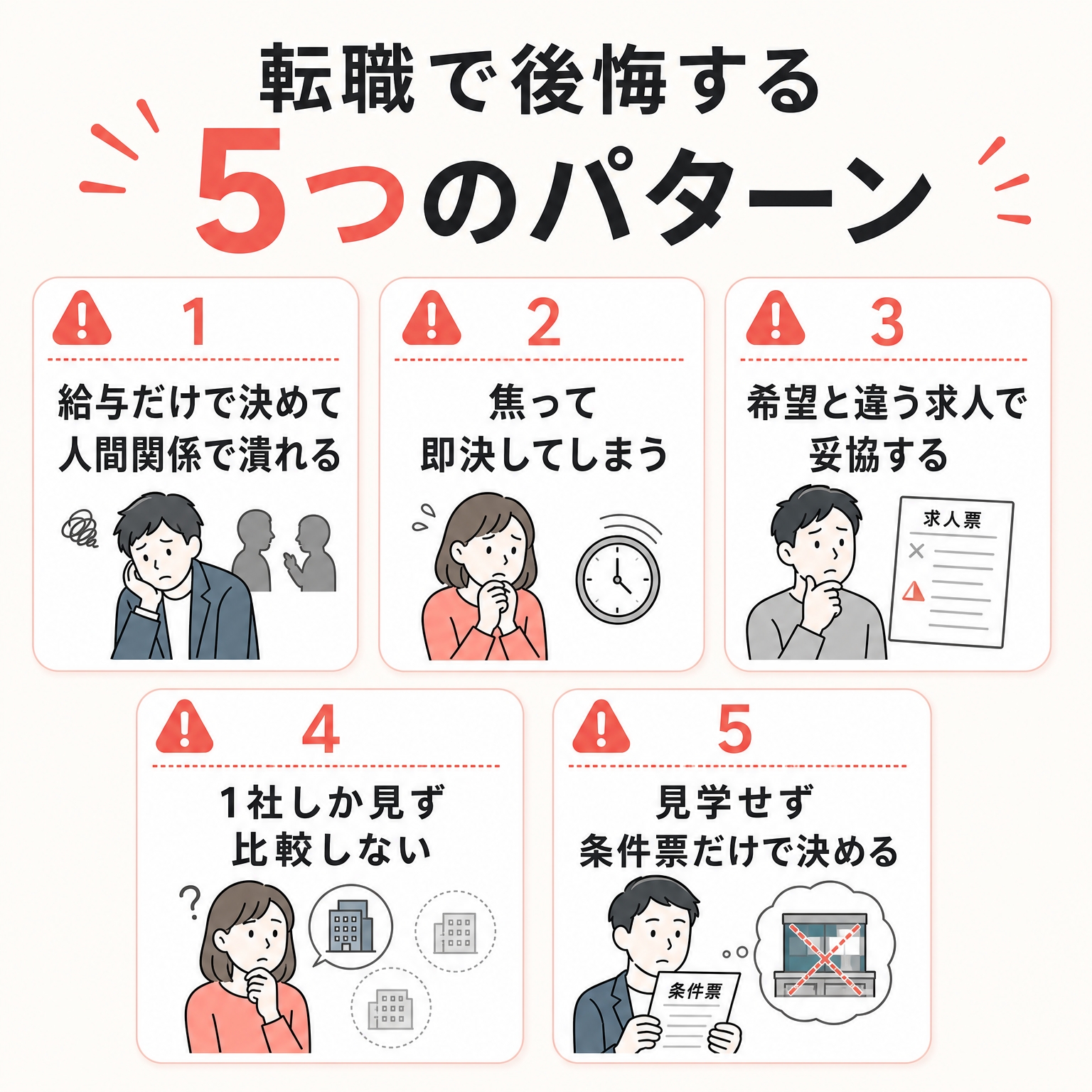 転職で後悔する5つのパターンの図解