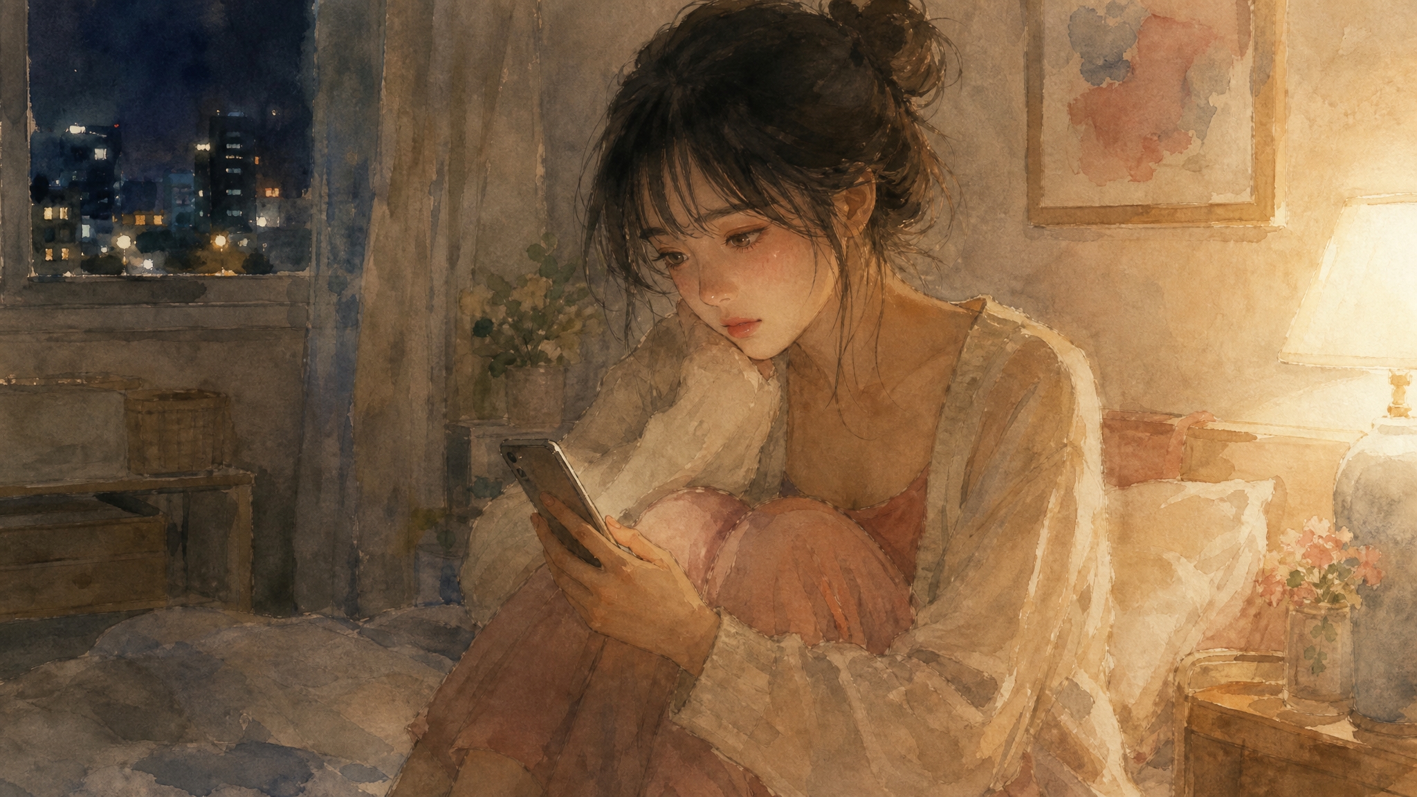 夜、布団の中でスマホを手に転職サイトの口コミを調べる看護師のイラスト