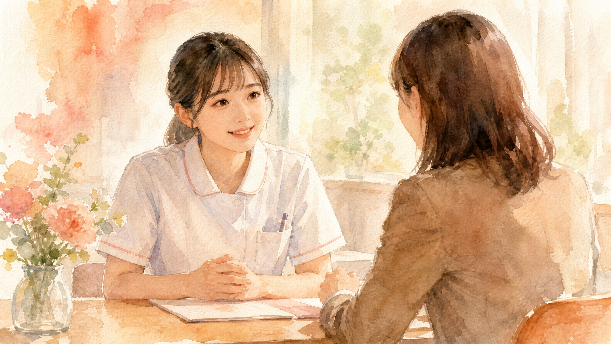 転職サービスの担当者と穏やかに面談する看護師のイラスト