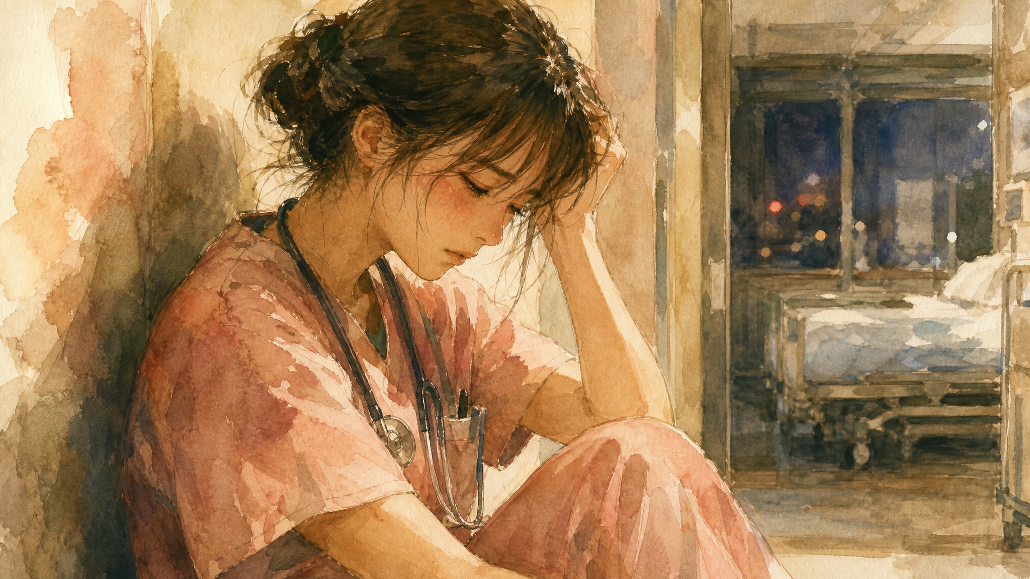 夜勤で疲れて病棟で一息つく看護師のイラスト
